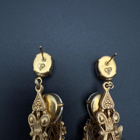 Ben Amun Signed BJ Gold Tone Filigree Crystal Dangle Drop Earrings Statement - Picture 10 of 11